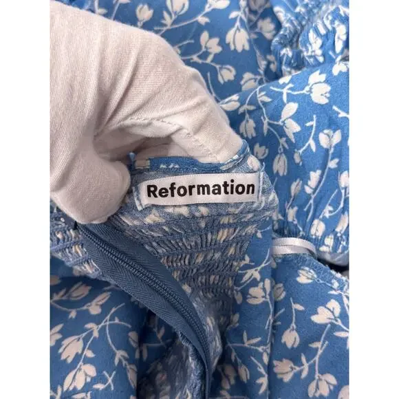 New Reformation Dress 2 Womens Mica Blue Floral Puff Tiered Sleeve Midi - Picture 8 of 9